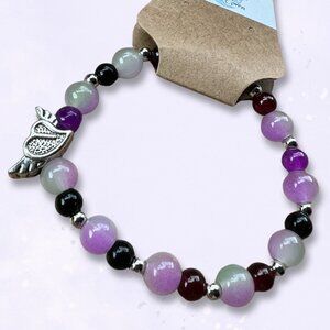 Purple and Black Glass Beaded Stretchy Bracelet with Silver Accents